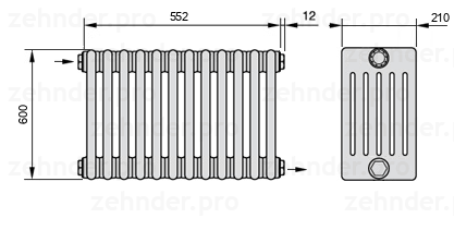 Схема (чертеж) Радиатор Zehnder Charleston 6060/12 №1670 Белый глянцевый RAL 9016